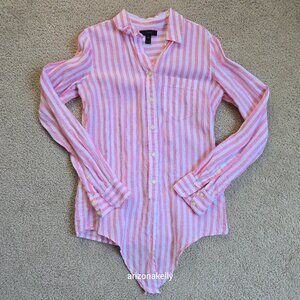 J. Crew Linen Button Down Shirt Pink + White Stripe Tie Waist  00